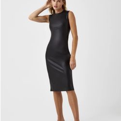 NEW Spanx Leather Like Sleeveless Sheath Dress Black  Zip Up Round Neck Women’s Sz Large NWT