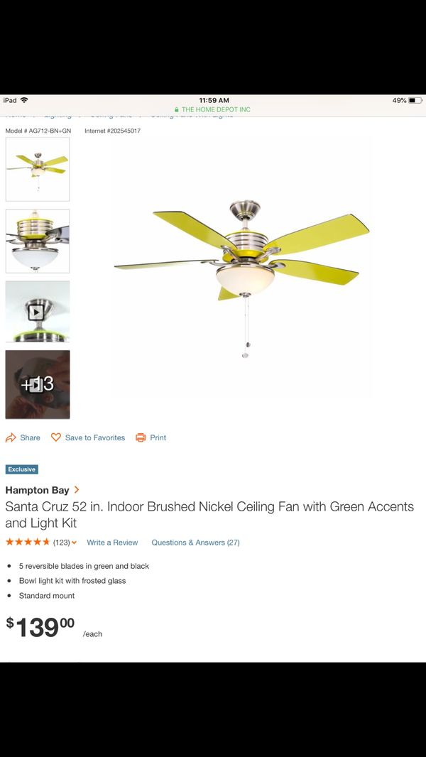 Hampton Bay Santa Cruz 52 In Brushed Nickel Ceiling Fan With Green Hampton Bay Santa Cruz 52 In Brushed Nickel Ceiling Fan With Green Accents 105 For Dallas Tx Offerup