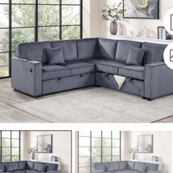 $528 Sectional Pull Out Bed With Storage USB Cup Holder Available,I Ivory,Dark Gray,Corduroy