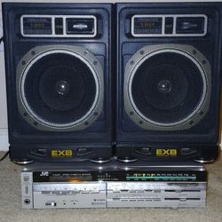 JVC R-E600 Stereo Cassette Tape Receiver Player Deck Amplifier With Speakers Amp 1980's Vintage Ssound System  Phono