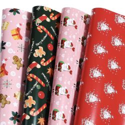 Christmas Wrapping Paper Pink Red Green With Cute Santa Claus, Christmas Tree Candy Cookies