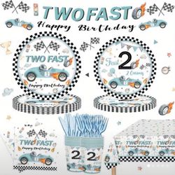122pcs Two Fast 2nd Birthday Racing Party Supplies For 20 Guests, Disposable Tableware Set With Plates, Cups, Napkins, Knives, Forks, Tablecloths And 