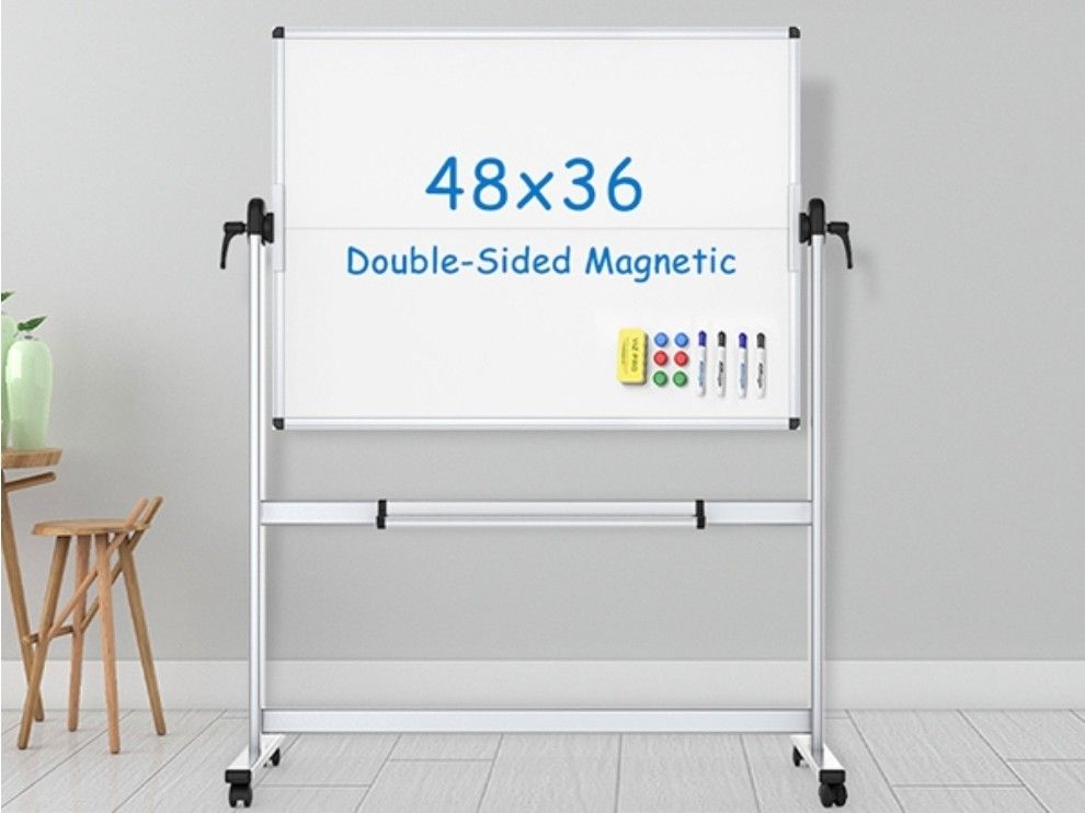 Double-Sided Mobile Whiteboard, 48 x 36 Inches Aluminium Frame