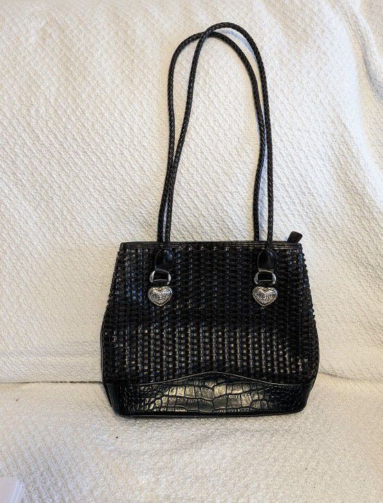 Handbag Purse Marlo Black Brown Faux Leather Croc Embossed Braided Straps