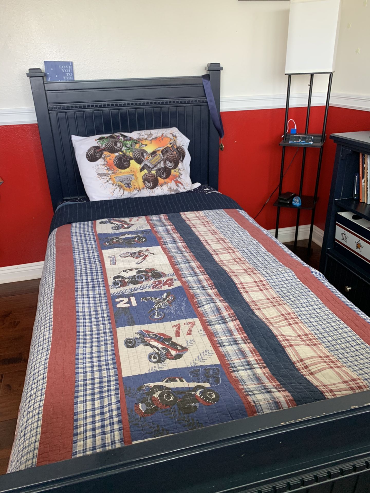 7 piece boys bedroom set with trundle/storage. Comes with 3 storage bins.