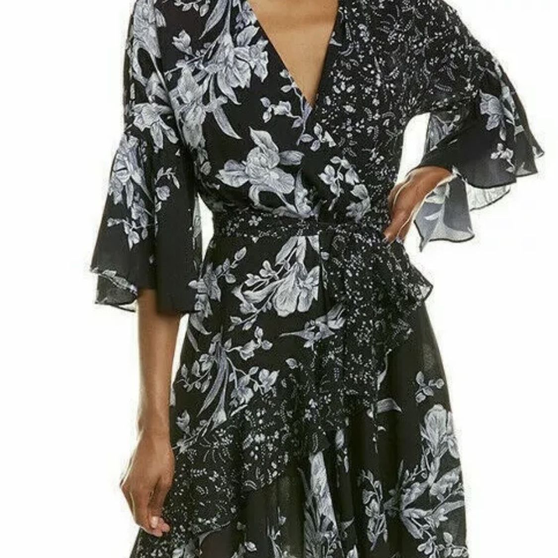 French Connection ellette crepe frill floral wrap dress utility blue multi size 10 for Sale in Las Vegas NV OfferUp