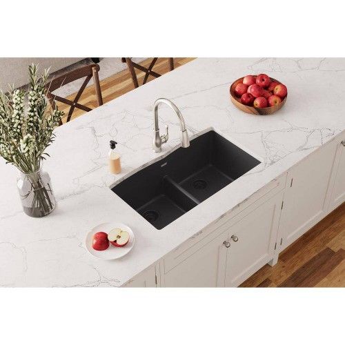 Quartz Classic Black Quartz 33 in. Equal Double Bowl Undermount Kitchen Sink with Aqua Divide