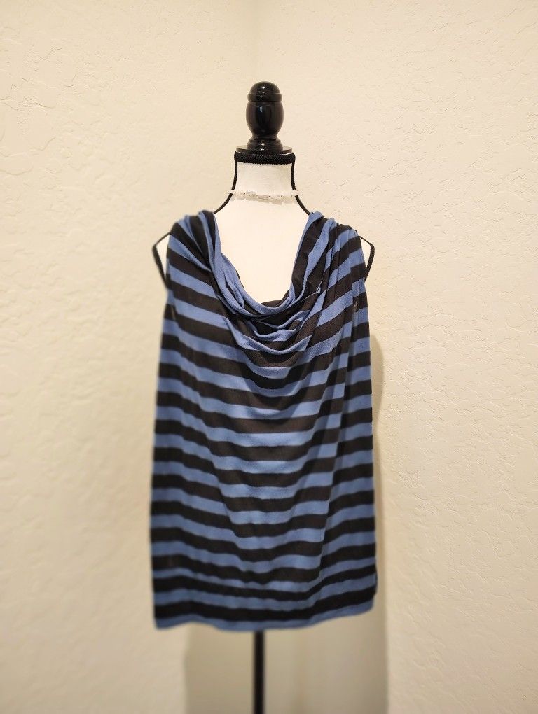 PERCEPTION Striped Black/Blue Flowy Sleeveless Cowl-Neck Blouse w/Racerback O Ring