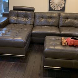 Leather 2pc Chaise Sectional & Ottoman