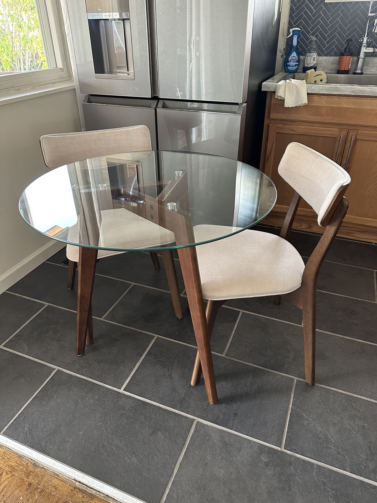 Mid-Century Modern Round Glass Dining Table + 2 Chairs