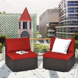 2 PCS Outdoor Wicker Armless Sofa, Patio Rattan Sectional Sofa Set w/2 Thick Seat Cushions and 2 Back Cushions, Additional Seats for Balcony Garden Pa