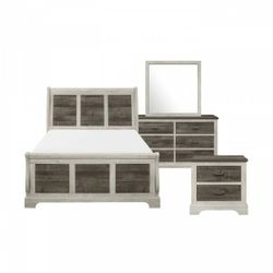 Bedroom Set Farmhouse Style White Gray Queen Set NEW 4 PIECES