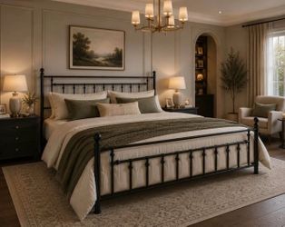 King bed Metal Platform Bed Frame/Victorian Headboard and Footboard/Steel Slats Mattress Foundation for Storage/No Box Spring Needed/Noise Free/Black