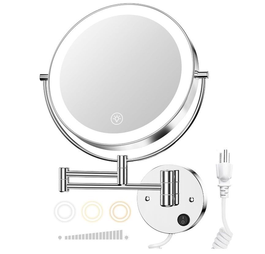 9” Wall Mounted Lighted Makeup Vanity Mirror with 3 Color Lights & Stepless Dimming, 1X/10X Magnifying LED, Touch Sensor, Double-Sided