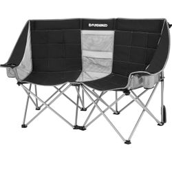 FUNDANGO Oversized Double Camping Chair, 660lbs Heavy Duty 2 Person Folding Padded Loveseat for Adults with Arm Cup Holder for Outdoor Patio Lawn Camp