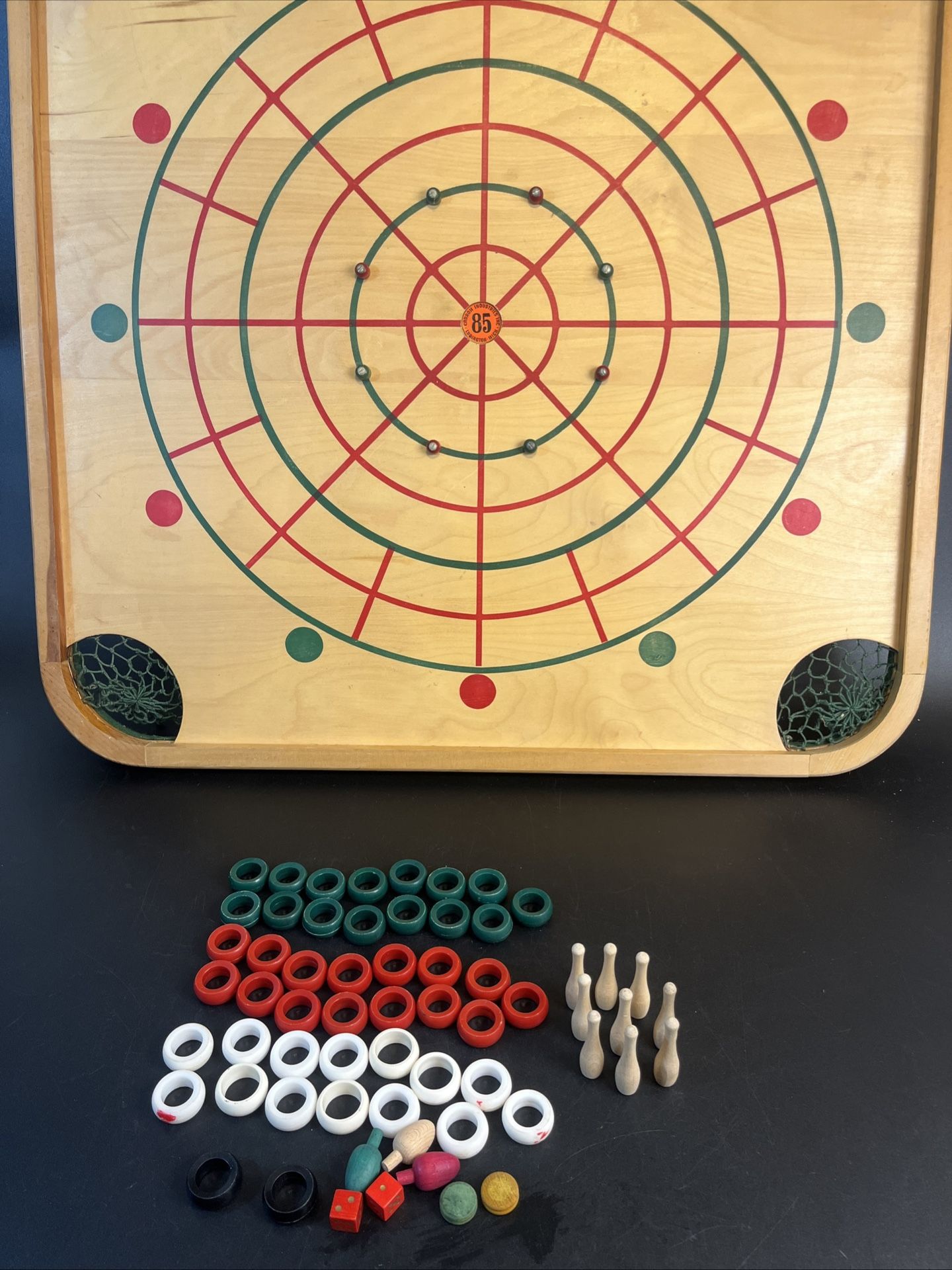 Vtg Carrom Company Wood Game Board Double Sided 28.5" W/Some Pieces (No Sticks)