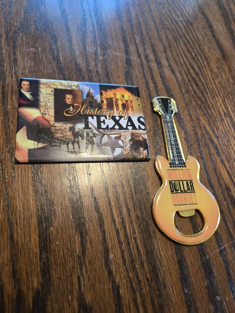 Vintage Magnets History Of Texas & Millon Dollar Quartet Bottle Opener Guitar
