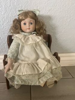Brand New Beautiful Porcelain Doll on Wood Bench