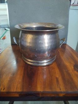 Vintage Hammered Brass Cachepot Planter with Ornate Handles and Age Patina