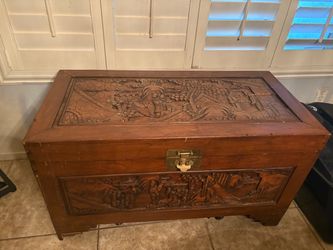 Antique Asian Hand-Carved Wooden Trunk Chest