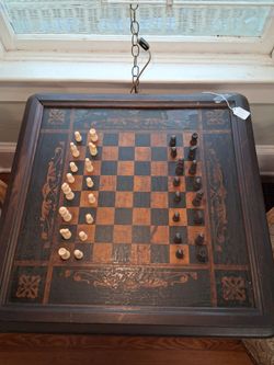 Antique Wooden Chess Board with Pieces