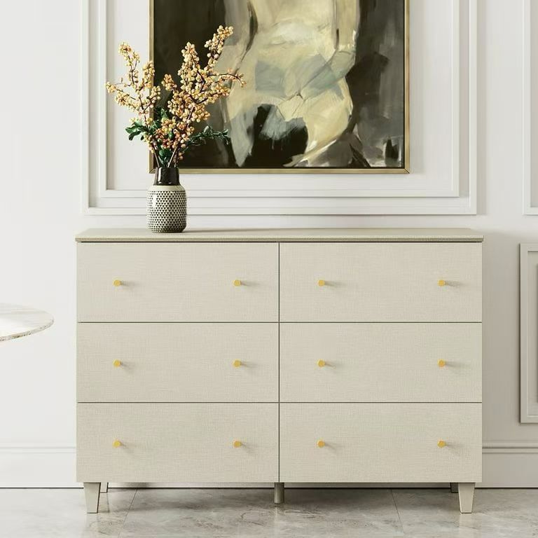 6 Drawers Dresser for Bedroom, Modern Wide Double Dressers with Chest of Drawers, Wood Closet Organizer, Beige Faux Linen Finish,$150