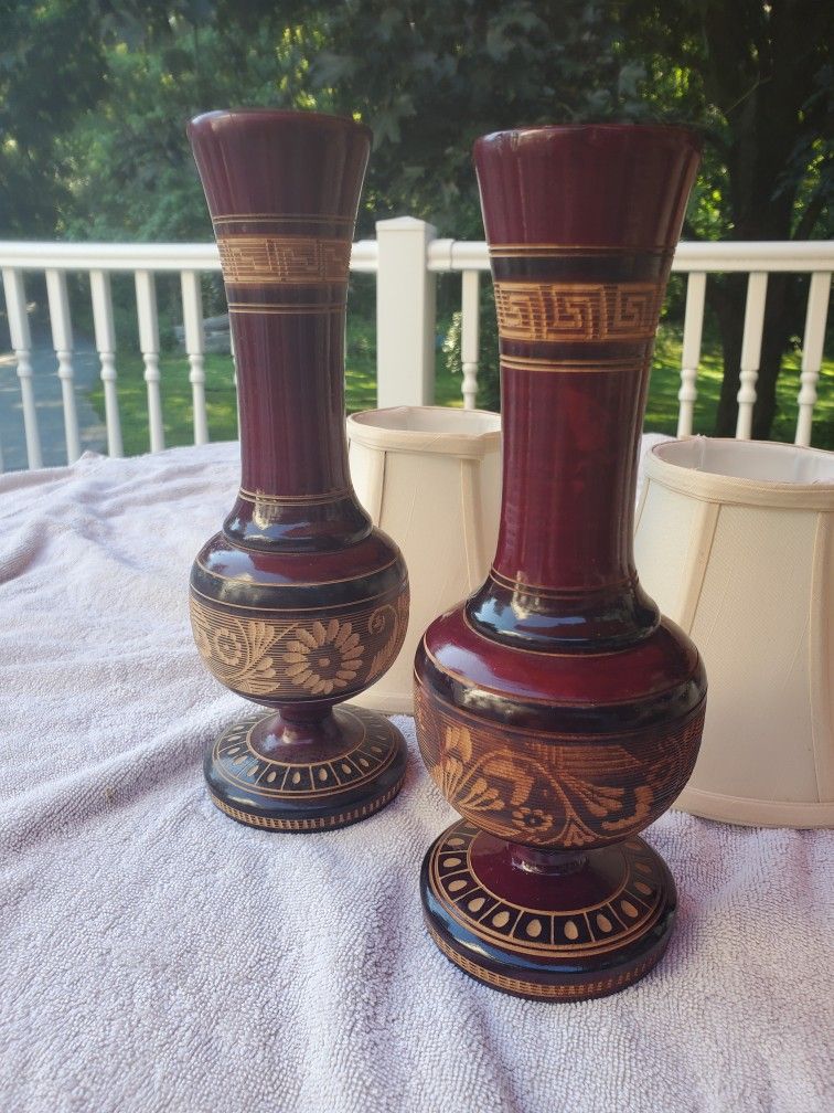 Antique Hand Carved Vases Made Of Wood