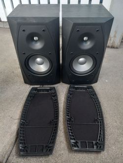 Pair of Black Bookshelf Speakers with Grilles