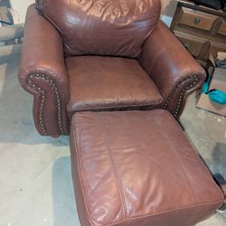 Large Leather Chesterfield Style Armchair W/ Matching Ottoman