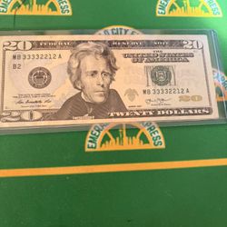 2013 20$ Dollar Fancy Serial Number Trinary, And Four Of A Kind, And Triple Note