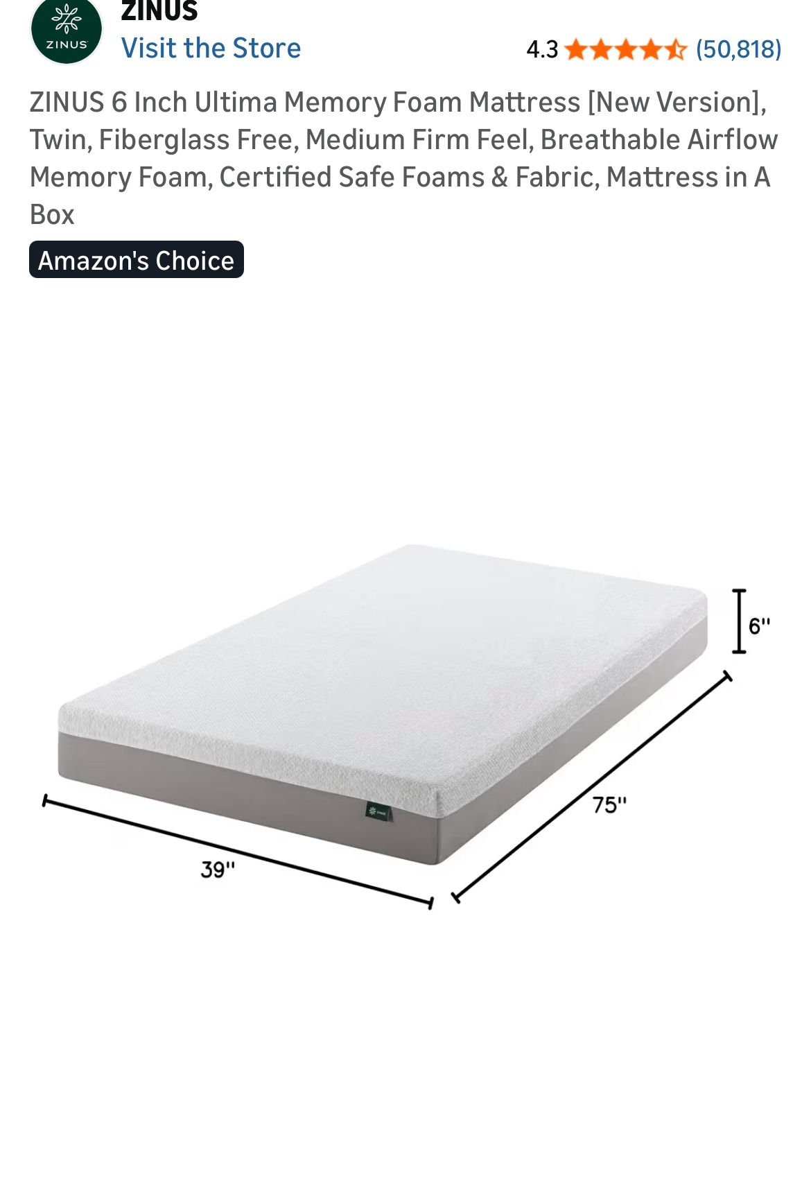Zinus Twin (39x75x6) memory foam Mattress (like new)