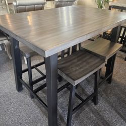 Brand New Gray Faux Marble Metal Counter High Dining Table (48"×24"×36"H) + 4 Stools
