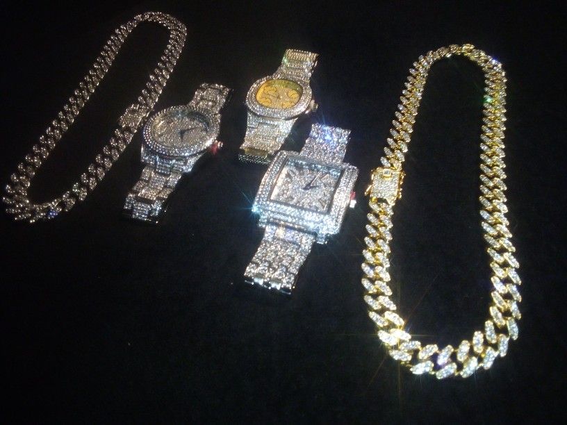 Five Piece Collection Set Austrian Lab Diamond Three Heavy Watch And Two Short 18 Inch Chain