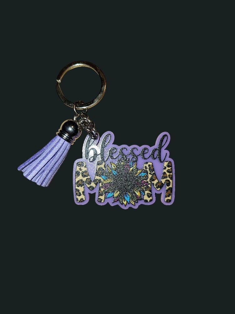 Purple Blessed Mom Keychain