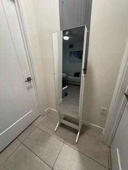 Locking Standing Jewelry Armoire with Full-Length Mirror – $80