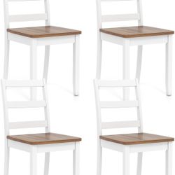 Giantex Dining Chairs, Wooden Armless Kitchen Chairs with Solid Rubber Wood Legs, Farmhouse Ladder Back Dining Chairs for Dining Room (4, White+Brown)
