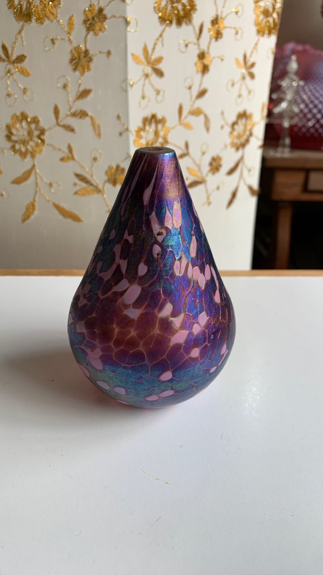 Vintage small hand blown Glass Eye Studio oil spot iridescent bud vase, metallic shiny finish, Pear shaped art glass vessel, Oil Lamp
