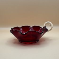 Vintage Ruby Red Ruffled Candy Dish with Glass Handle