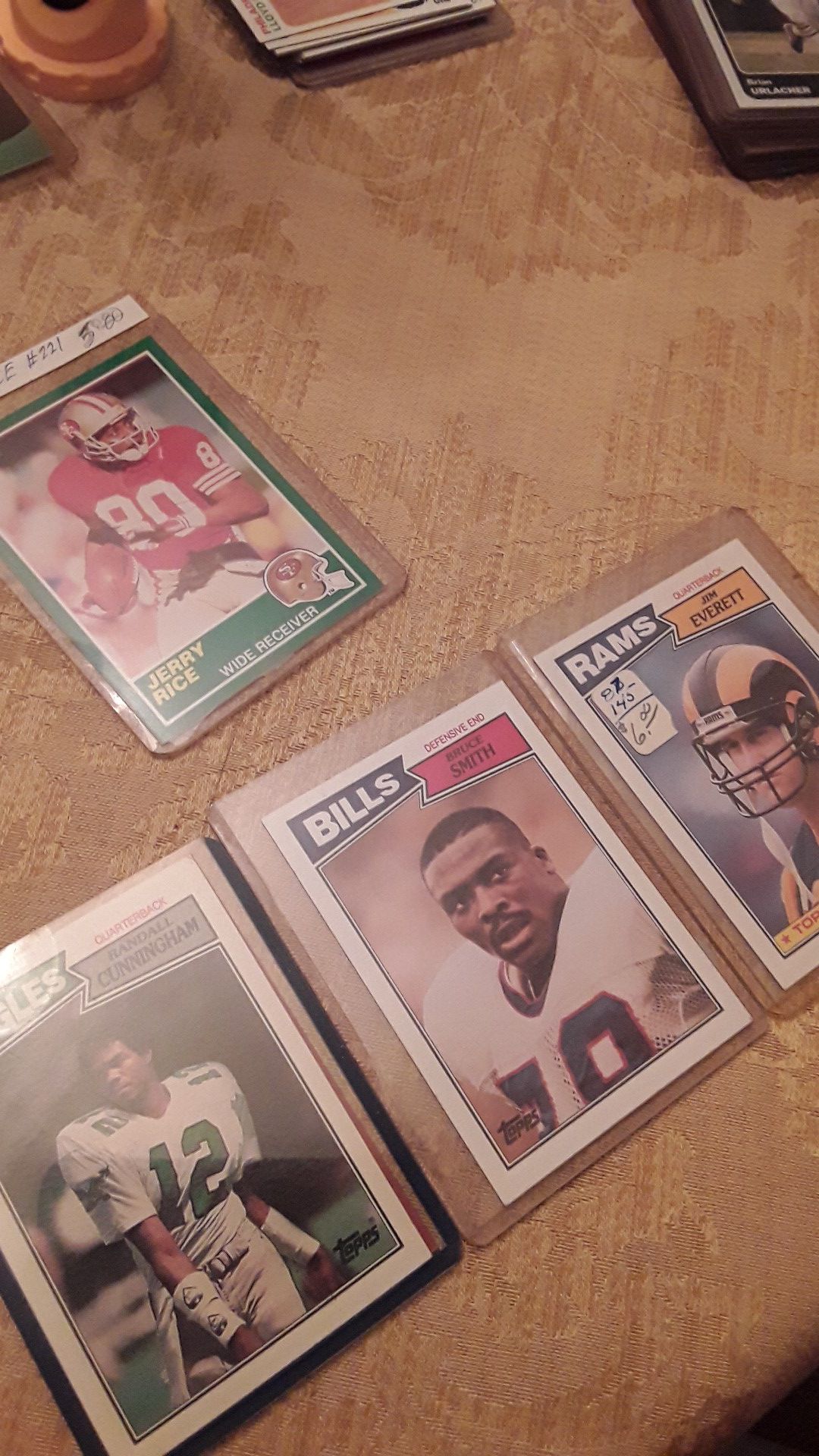 1987 Randall Cunningham and Jim Everett r/c's + Bruce Smith and 1989 Score Jerry Rice