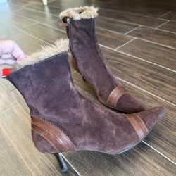a. testoni Chocolate Suede Heeled Boots with Fur Trim