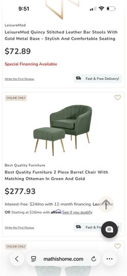 Olive green and gold chair with matching ottoman