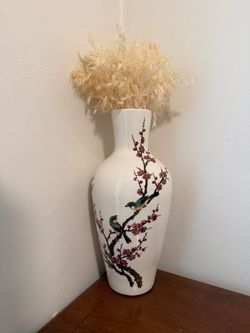 Vintage Asian Ceramic Floor Vase – Birds & Cherry Blossoms