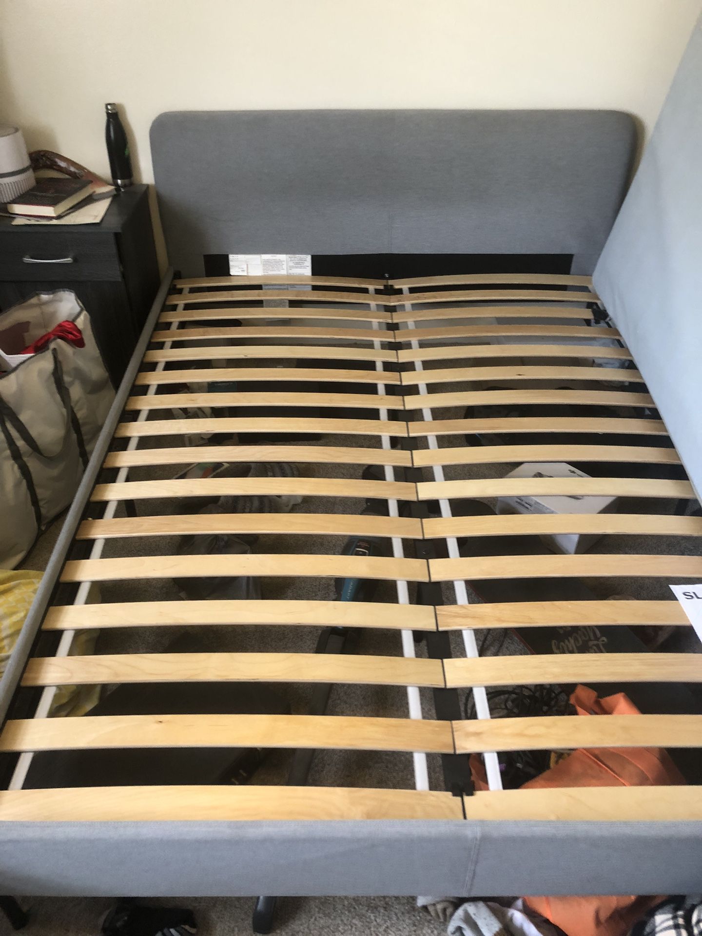 Queen Bed Frame With Wood Supports For Mattress. Good Condition 
