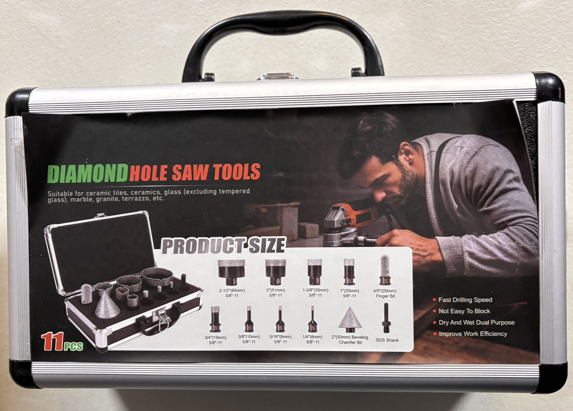 Diamond Hole Saw Kit Tile Drill Bits, 11 PCS Diamond Core Drill Bits Set 6/8/10/19/25/35/51/65mm+50mm Chamfer Saw +20mm Finger Bit