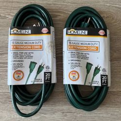 2 New 20 FT 16 Gauge Extension Cords Medium Duty Indoor Outdoor Green