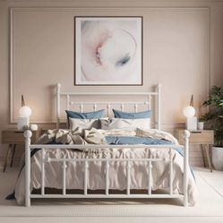 Queen Bed Frame, Metal Platform Bed Frame with Vintage Headboard, White