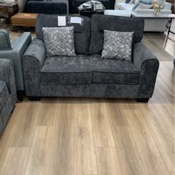 Charcoal Fabric Plushy Cushion Loveseat 