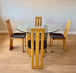 Vintage Italian Glass Table with 4 Wood and Brown Leather Chairs