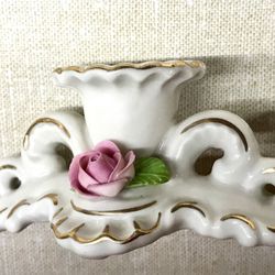 Dresden Porcelain Single Candlesticks Rose Pattern Vintage 