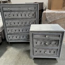 New! Beautiful 5-Drawer Chest And Nightstand Combo Set! Bedroom Furniture, Bedroom Chest, Nightstand, Jeweled Knobs Handles, Dresser